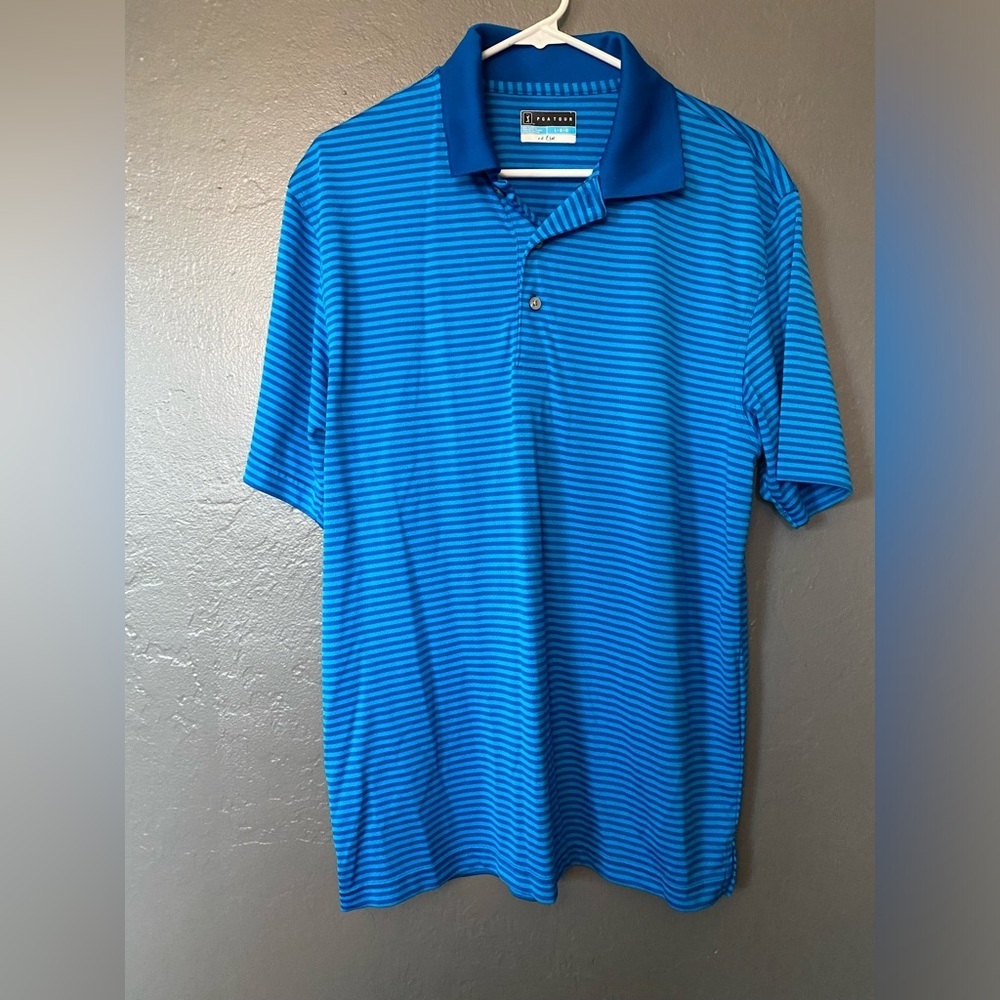 PGA Tour‎ Men’s Large Golf Polo Shirt Blue Stripe Air Flux Cool Short Sleeve